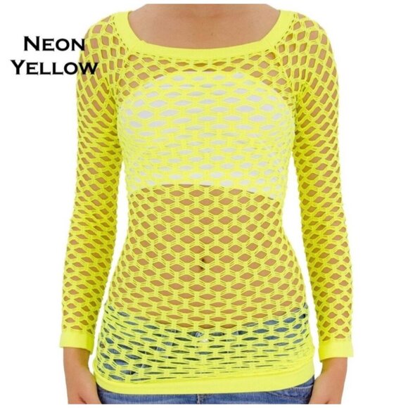 Neon Yellow Fishnet Long Sleeve Top - Picture 3 of 9